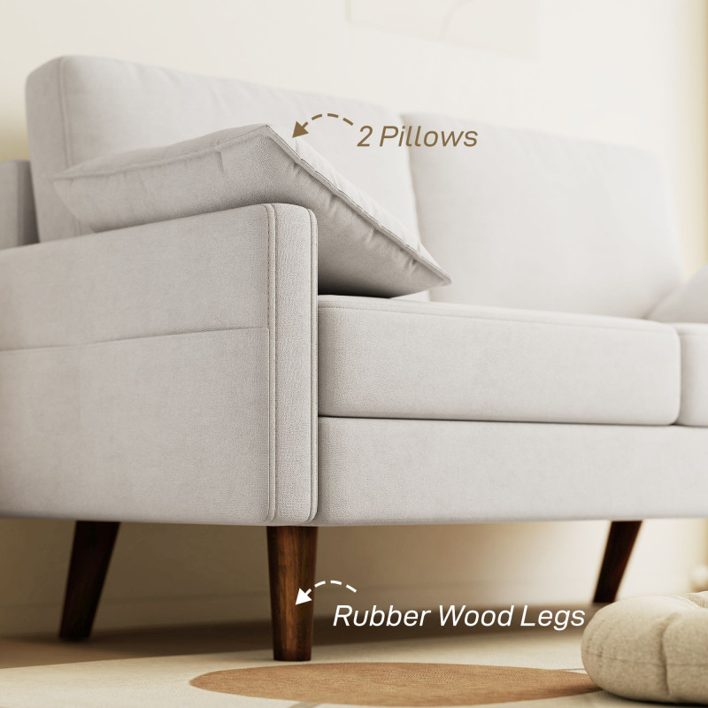3 Seater Sofa, Velvet Upholstered Couch with Spring Cushions, Rubber Wood Legs and 2 Pillows, Cream White