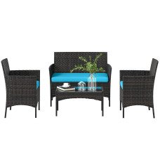 4 Pieces Wicker Outdoor Balcony Furniture Set Rattan Patio Furniture Set with Loveseat Chairs Glass Coffee Table Turquoise