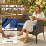 4 Pieces Wicker Outdoor Balcony Furniture Set Rattan Patio Furniture Set with Loveseat Chairs Glass Coffee Table Navy Blue