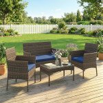 4 Pieces Wicker Outdoor Balcony Furniture Set Rattan Patio Furniture Set with Loveseat Chairs Glass Coffee Table Navy Blue