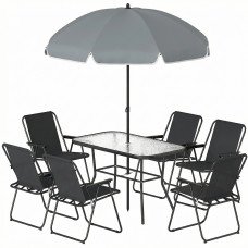 8 Piece Patio Table and Chairs Set with Folding Chairs, Tempered Glass Tabletop and Umbrella for Garden, Black