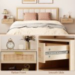 Floating Bedside Tables Set of 2, Wall Mounted Nightstands with Rattan Drawer and Wood Effect, Oak