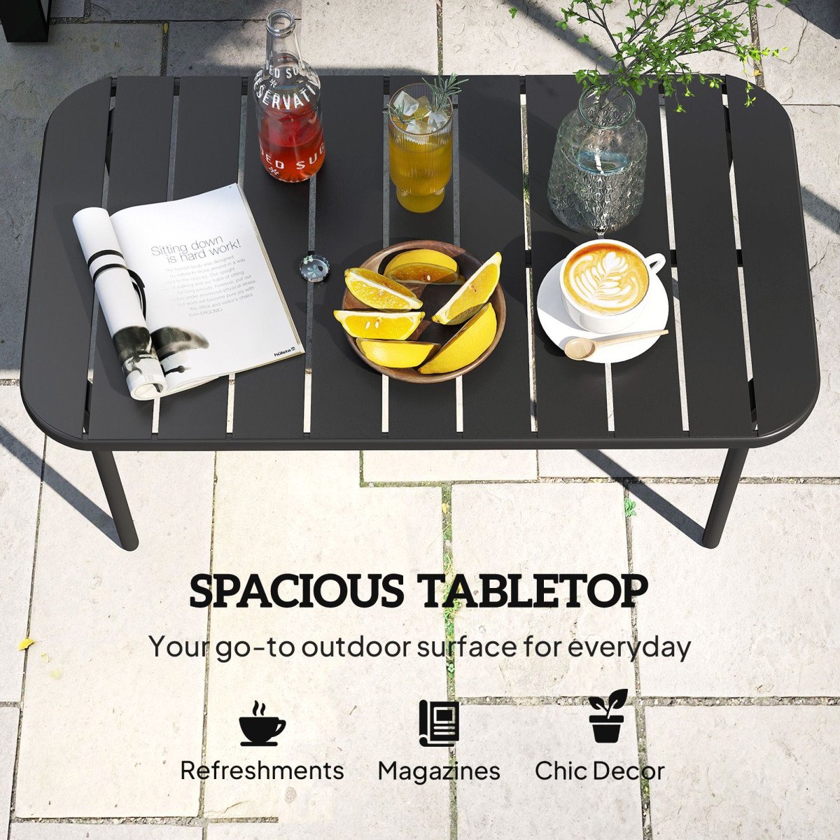 Outdoor Coffee Table, All-Weather Rectangle Metal Patio Coffee Table with Slatted Tabletop for Outside