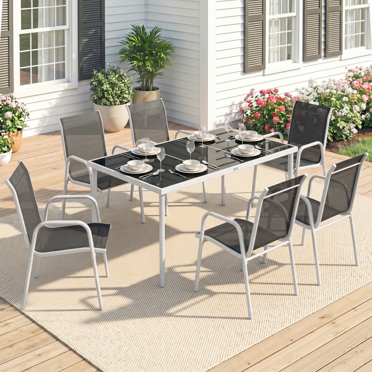 7 Piece Garden Dining Set, Garden Furniture Set with Rectangle Table and 6 Stackable Chairs
