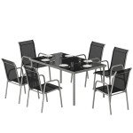 7 Piece Garden Dining Set, Garden Furniture Set with Rectangle Table and 6 Stackable Chairs