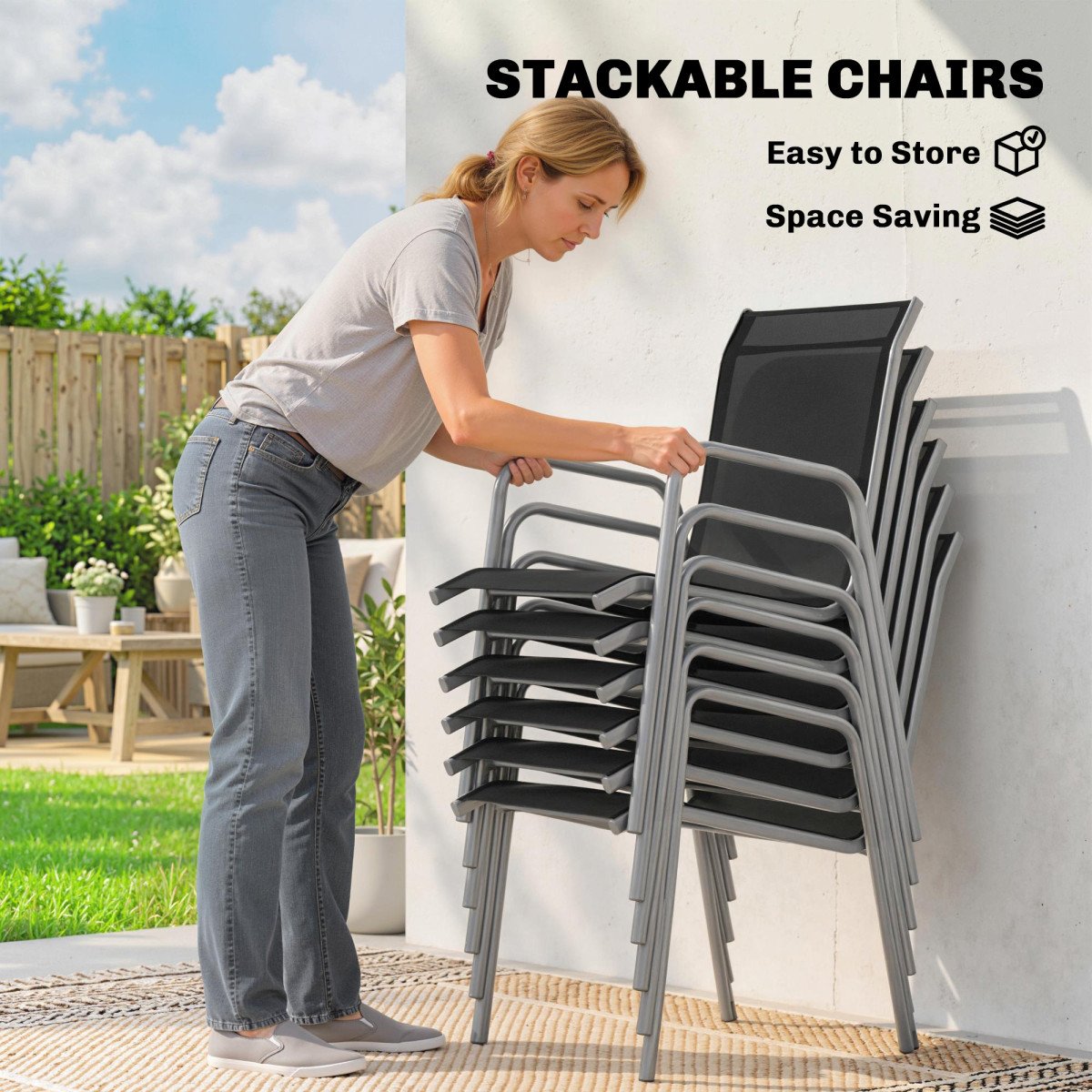 7 Piece Garden Dining Set, Garden Furniture Set with Rectangle Table and 6 Stackable Chairs
