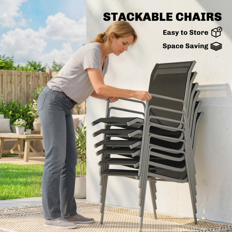 7 Piece Garden Dining Set, Garden Furniture Set with Rectangle Table and 6 Stackable Chairs