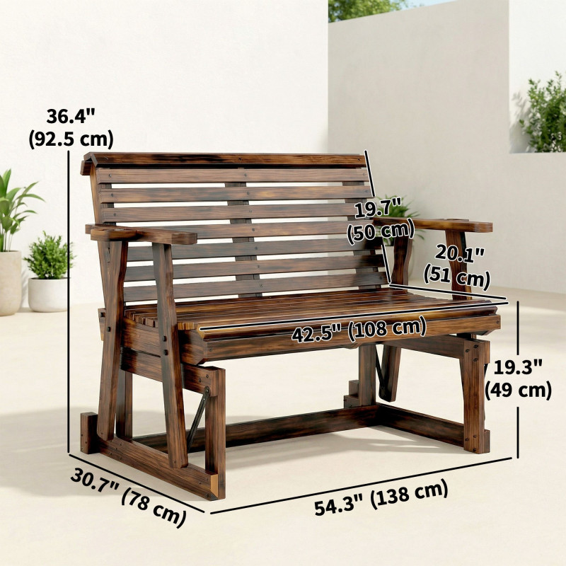 Outdoor Glider Bench, Wooden Glider Chair with 2 Cupholders, Slatted Seat and Armrests, Patio Swing Rocking Loveseat