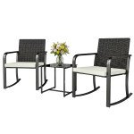 3 Pieces Rocking Bistro Set Outdoor Patio Furniture Set with Cushions, Glass Coffee Table for Balcony, Cream White