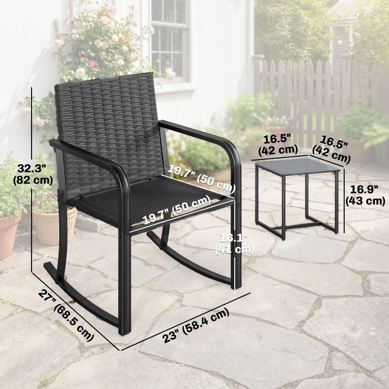 3 Pieces Rocking Bistro Set Outdoor Patio Furniture Set with Cushions, Glass Coffee Table for Balcony, Cream White