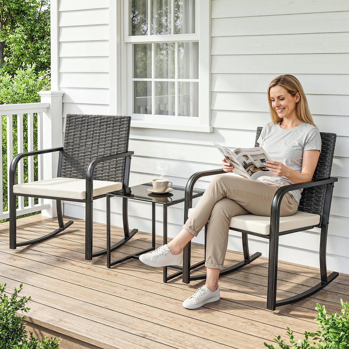 3 Pieces Rocking Bistro Set Outdoor Patio Furniture Set with Cushions, Glass Coffee Table for Balcony, Cream White