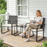 3 Pieces Rocking Bistro Set Outdoor Patio Furniture Set with Cushions, Glass Coffee Table for Balcony, Cream White