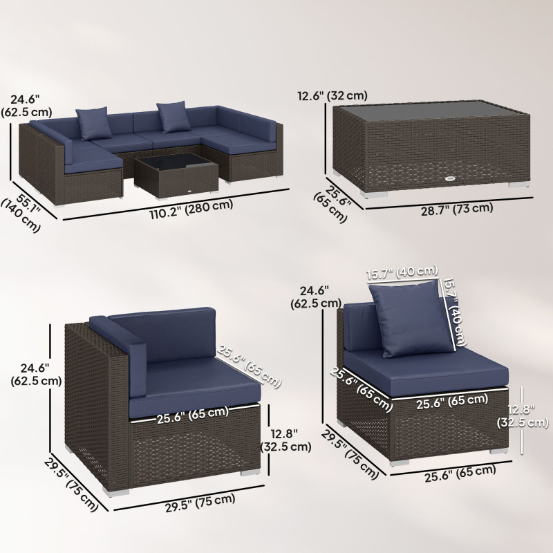 7pc Garden Wicker Sectional Set w/ Tea Table Patio Rattan Lounge Sofa Outdoor Deck Furniture Navy Blue