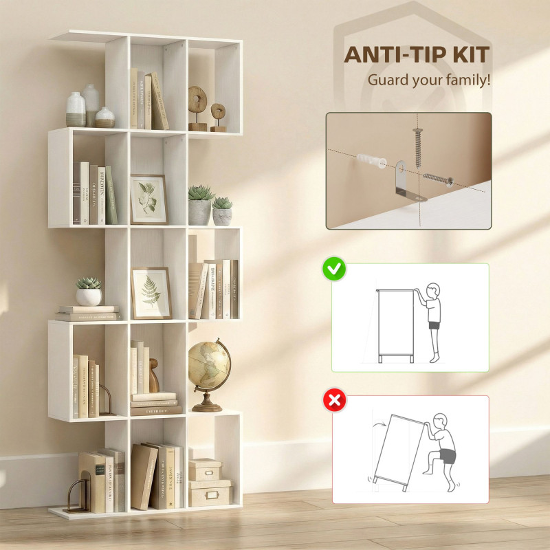 5-Tier Bookshelf, S Shaped Geometric Bookcase with 15 Compartments, White Wood Grain