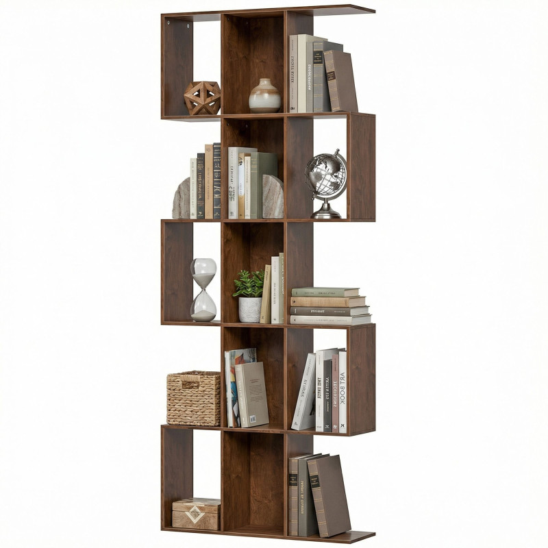 5-Tier Bookshelf, S Shaped Geometric Bookcase with 15 Compartments, Black Wood Grain