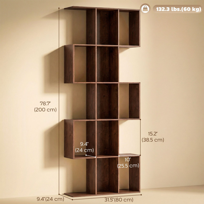5-Tier Bookshelf, S Shaped Geometric Bookcase with 15 Compartments, Black Wood Grain