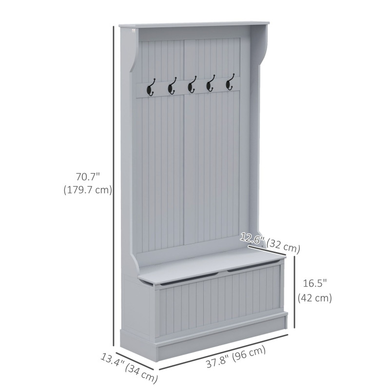 4-In-1 Hall Tree with Coat Rack, Top Shelf, Shoe Storage and Bench Seat, Entryway Bench with 5 Hooks, Grey