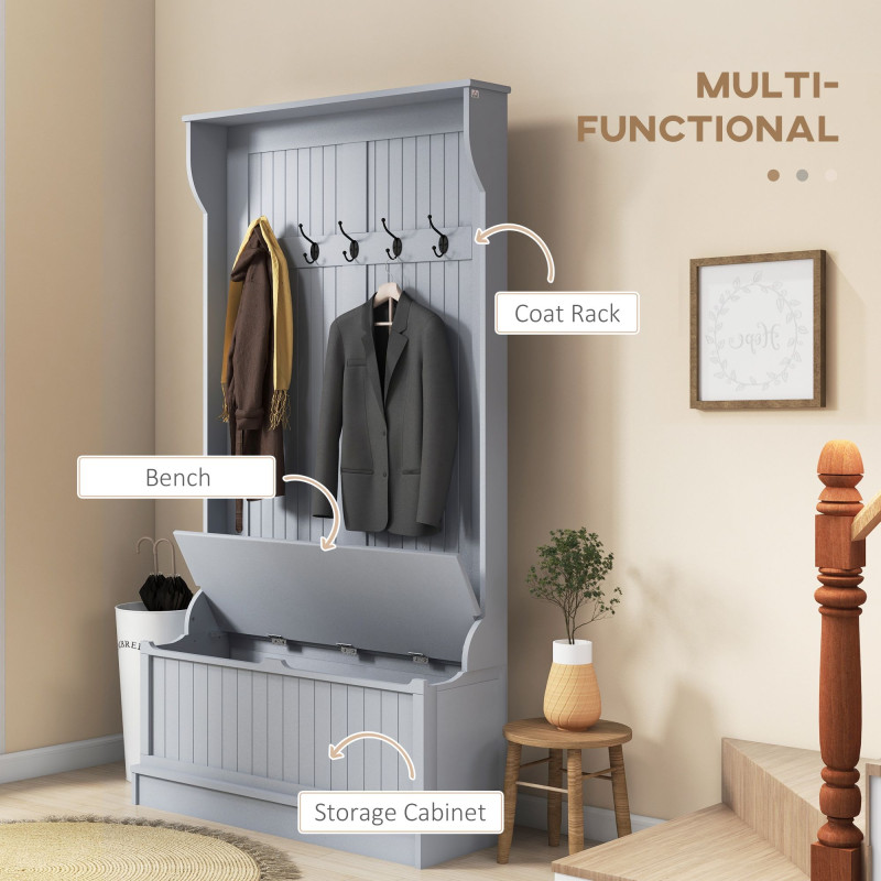 4-In-1 Hall Tree with Coat Rack, Top Shelf, Shoe Storage and Bench Seat, Entryway Bench with 5 Hooks, Grey
