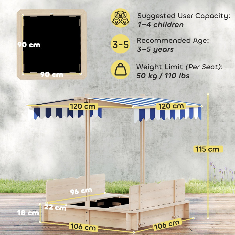 Kids Wooden Sandbox Outdoor Backyard Playset Children Play Station w/ Adjustable Canopy & Convertible Bench Sand for 3-7 Years Old