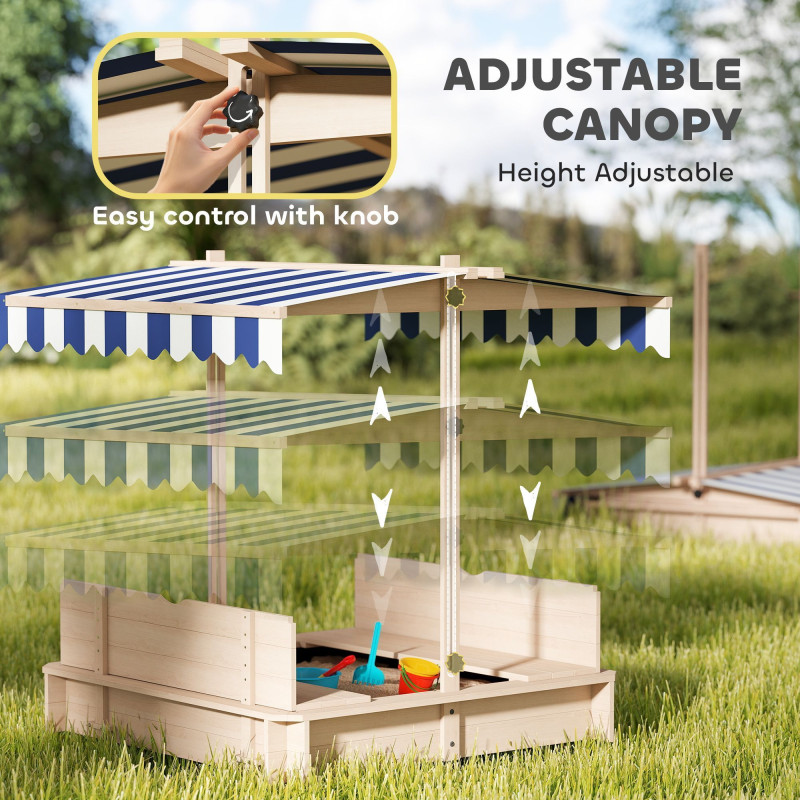 Kids Wooden Sandbox Outdoor Backyard Playset Children Play Station w/ Adjustable Canopy & Convertible Bench Sand for 3-7 Years Old