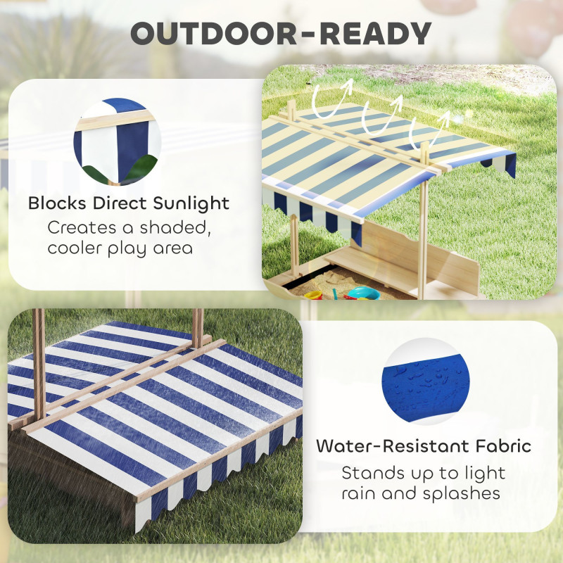 Kids Wooden Sandbox Outdoor Backyard Playset Children Play Station w/ Adjustable Canopy & Convertible Bench Sand for 3-7 Years Old