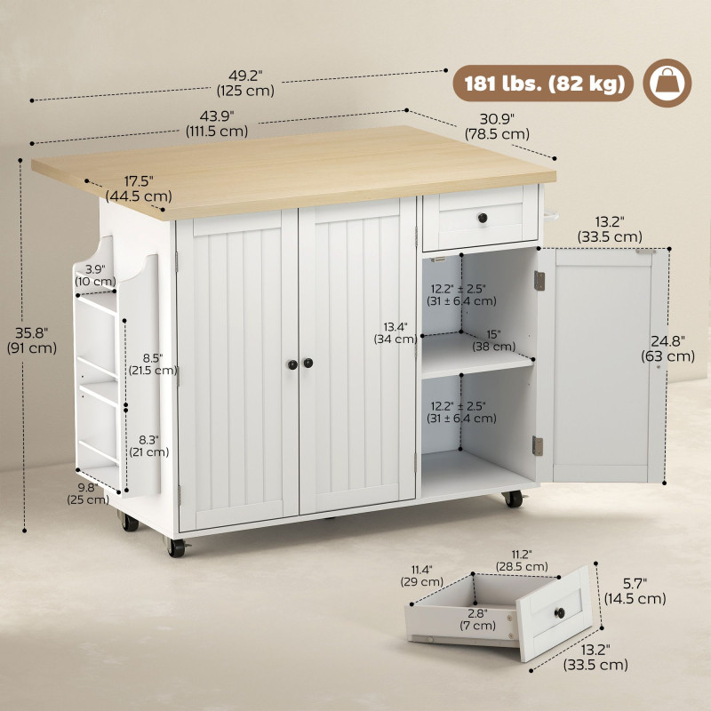 Kitchen Island Cart, Rolling Kitchen Island Table with Drop Leaf, Drawer, Spice and Towel Rack, White