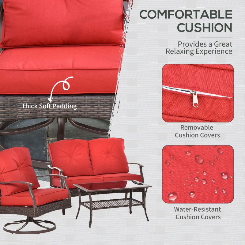 4 PCS Patio PE Rattan Wicker Sofa Set Outdoor Conversation Furniture w/ Two Tier Tea Table & Cushions, Red