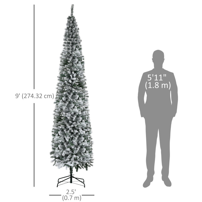 9ft Flocked Christmas Tree, Pencil Christmas Tree with Realistic Branch Tips, Folding Metal Stand, Green
