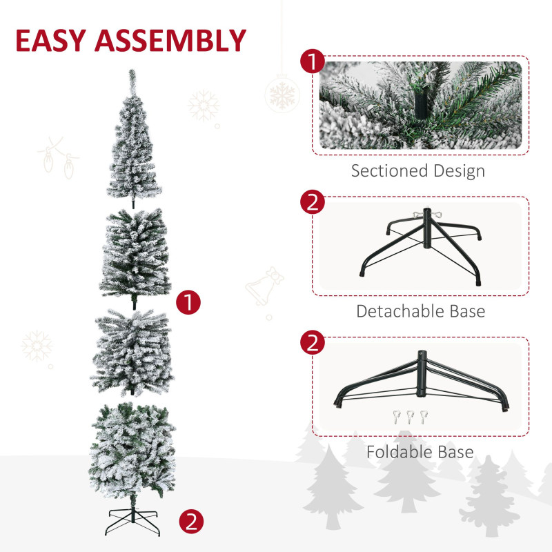 9ft Flocked Christmas Tree, Pencil Christmas Tree with Realistic Branch Tips, Folding Metal Stand, Green