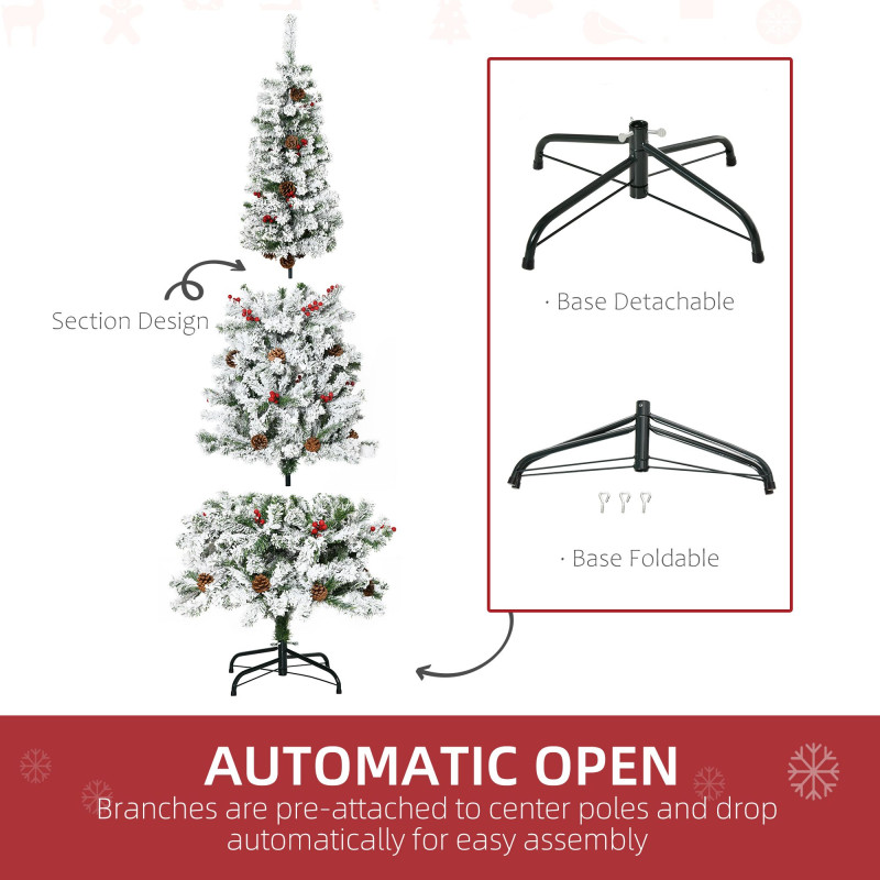 6 Foot Pencil Snow Flocked Artificial Christmas Tree with 600 Pine Realistic Branches, Pine Cones, Red Berries, Auto Open, Green