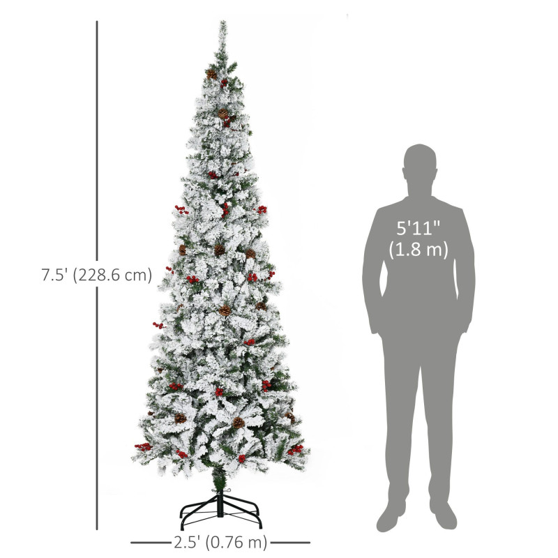 7.5 Foot Pencil Snow Flocked Artificial Christmas Tree with 950 Pine Realistic Branches, Pine Cones, Red Berries, Auto Open, Green