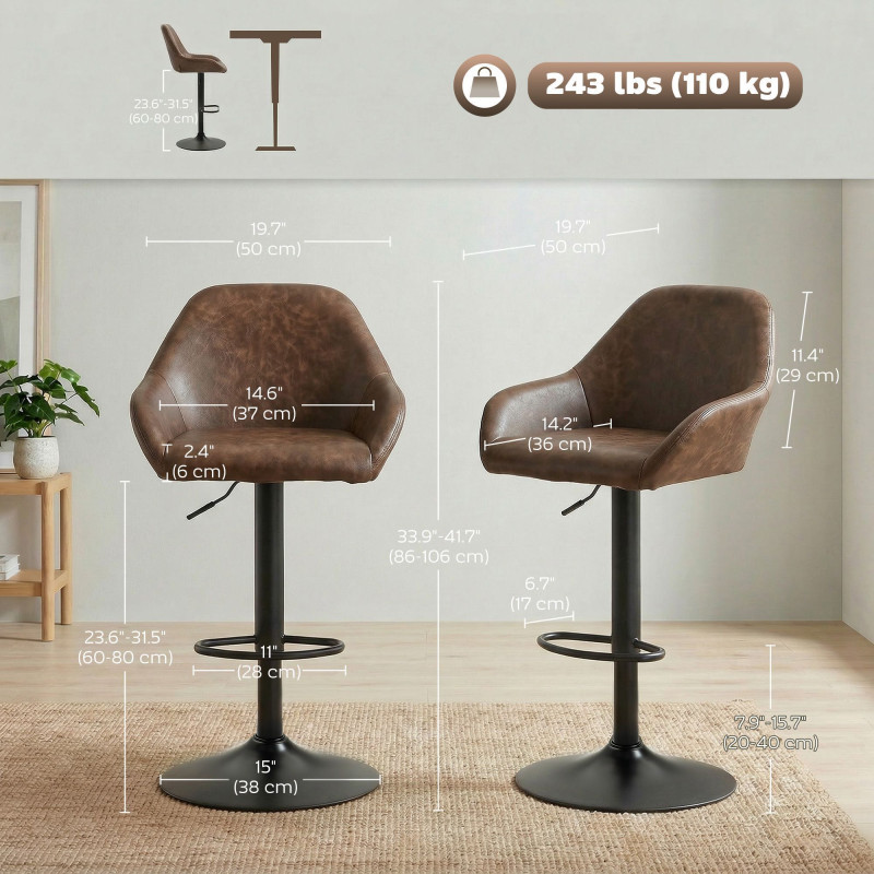 Adjustable Bar Stools Set of 2, Swivel Barstools with Footrest and Back, PU Leather and Steel Round Base, Coffee