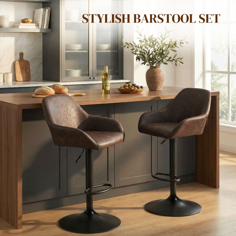 Adjustable Bar Stools Set of 2, Swivel Barstools with Footrest and Back, PU Leather and Steel Round Base, Coffee