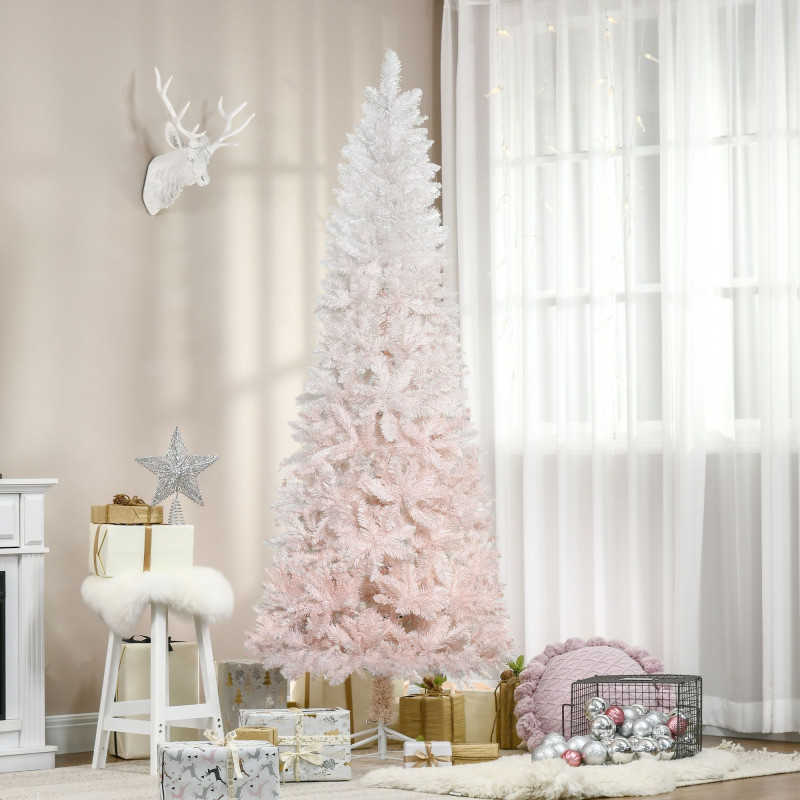 7ft Pencil Artificial Christmas Tree with Pine Realistic Branches, Auto Open, Pink and White