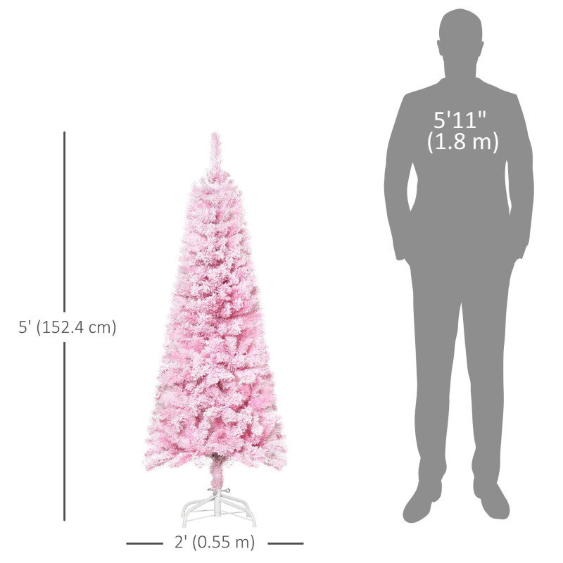 5 FT Snow Flocked Artificial Christmas Tree, Pencil Xmas Tree with Realistic Branches, Auto Open and Steel Base, Pink