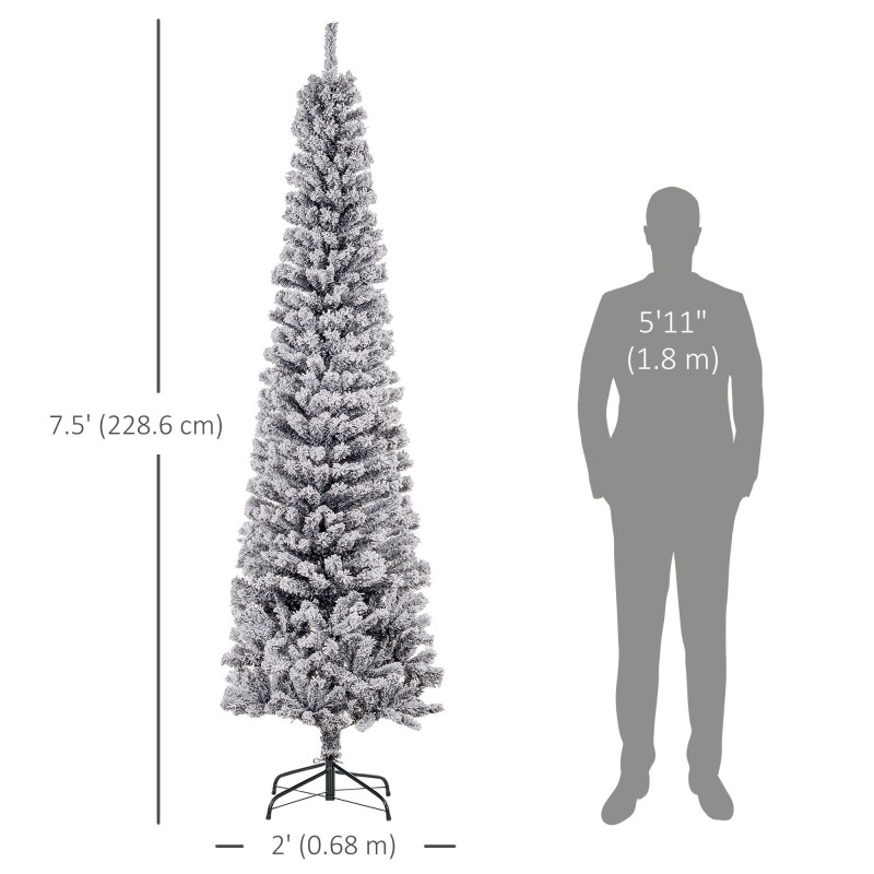 7.5ft Flocked Christmas Tree, Pencil Christmas Tree with Realistic Branch Tips, Folding Metal Stand, Black