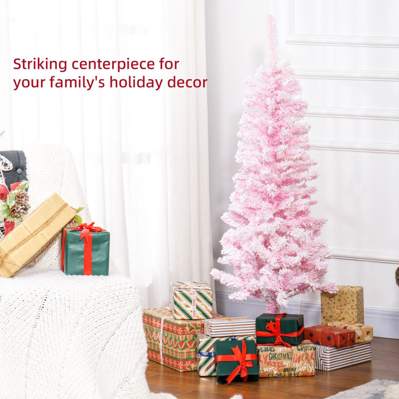 4 ft Flocked Pencil Christmas Tree, Artificial Christmas Tree with Realistic Branches, Auto Open and Steel Base, Pink