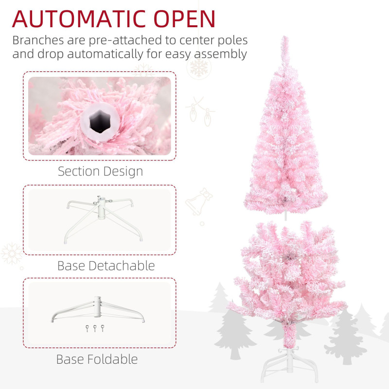 4 ft Flocked Pencil Christmas Tree, Artificial Christmas Tree with Realistic Branches, Auto Open and Steel Base, Pink