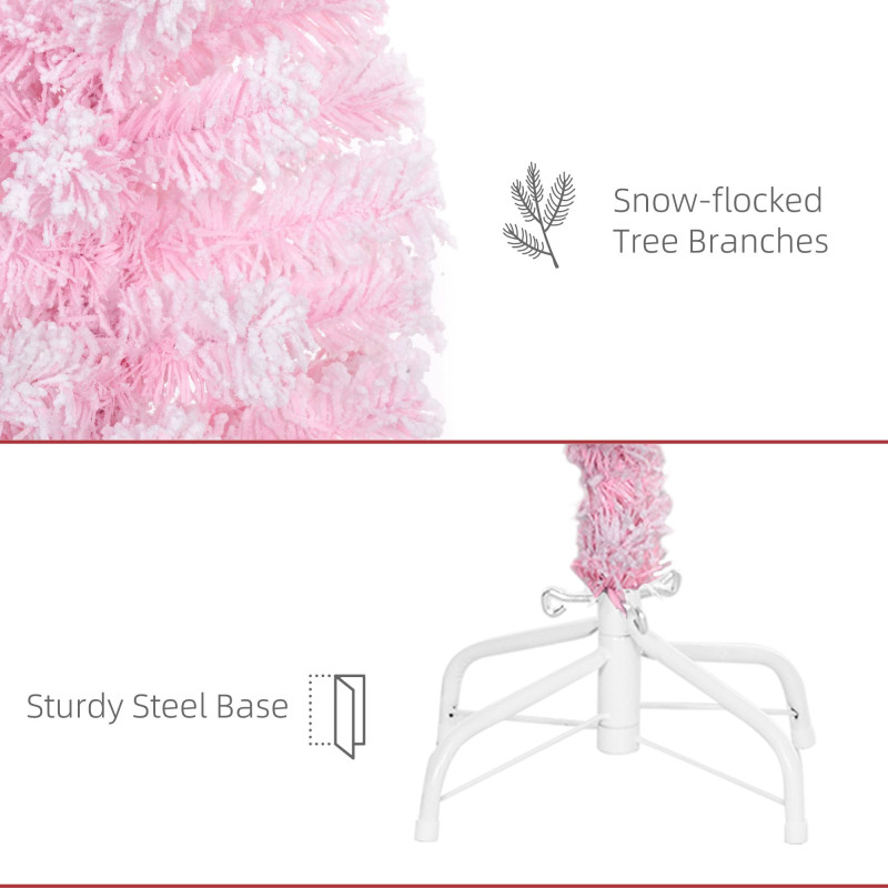 4 ft Flocked Pencil Christmas Tree, Artificial Christmas Tree with Realistic Branches, Auto Open and Steel Base, Pink