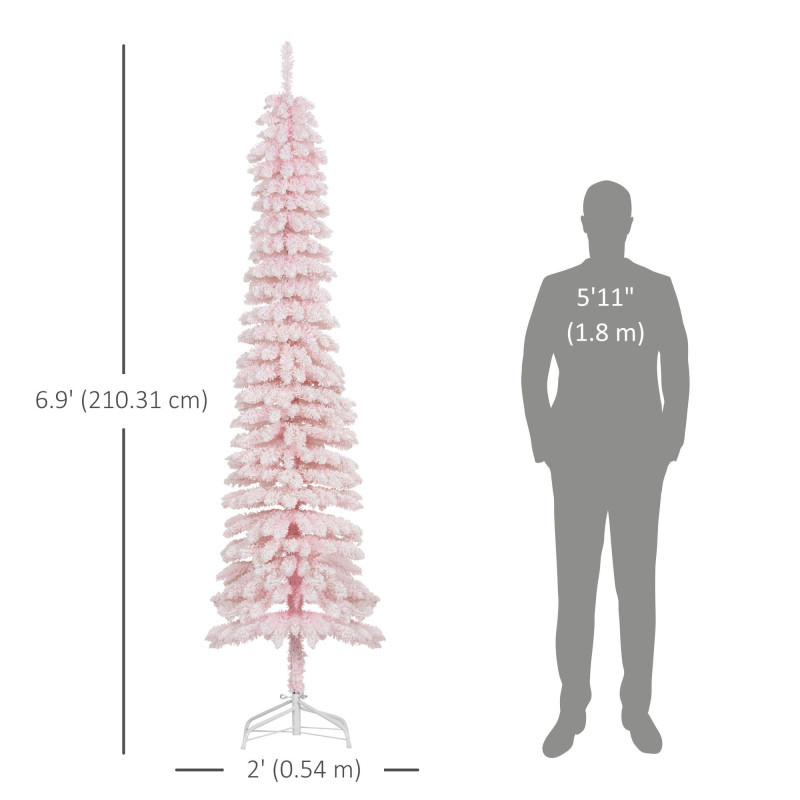 7ft Snow-Flocked Artificial Christmas Tree, Slim Pencil Xmas Tree with 490 Realistic Branches, Metal Base, Pink