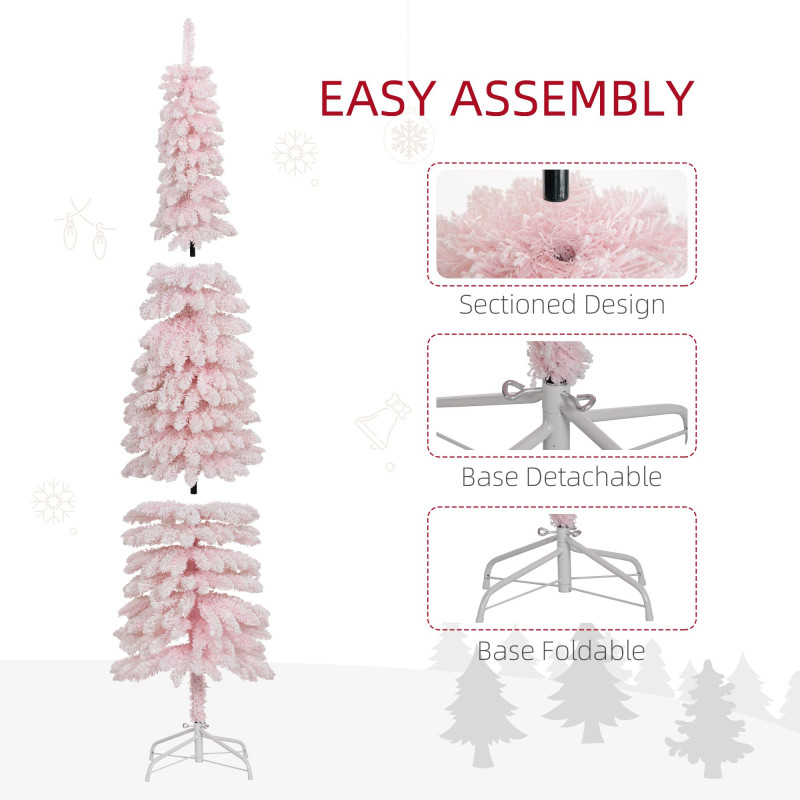 7ft Snow-Flocked Artificial Christmas Tree, Slim Pencil Xmas Tree with 490 Realistic Branches, Metal Base, Pink