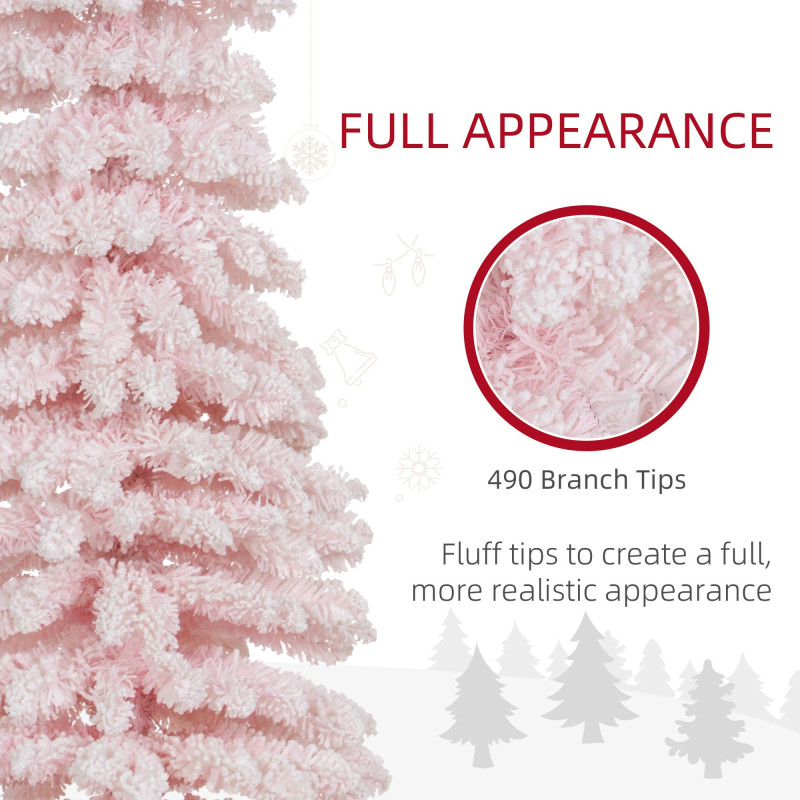 7ft Snow-Flocked Artificial Christmas Tree, Slim Pencil Xmas Tree with 490 Realistic Branches, Metal Base, Pink