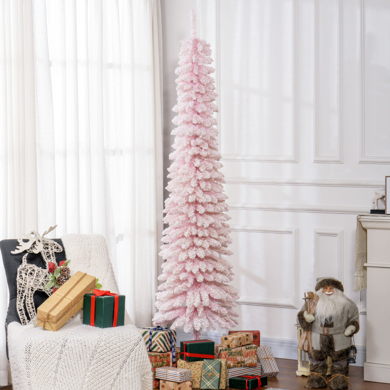 7ft Snow-Flocked Artificial Christmas Tree, Slim Pencil Xmas Tree with 490 Realistic Branches, Metal Base, Pink