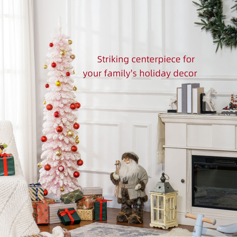 6ft Snow-Flocked Artificial Christmas Tree, Slim Pencil Xmas Tree with 395 Realistic Branches, Metal Base, Pink