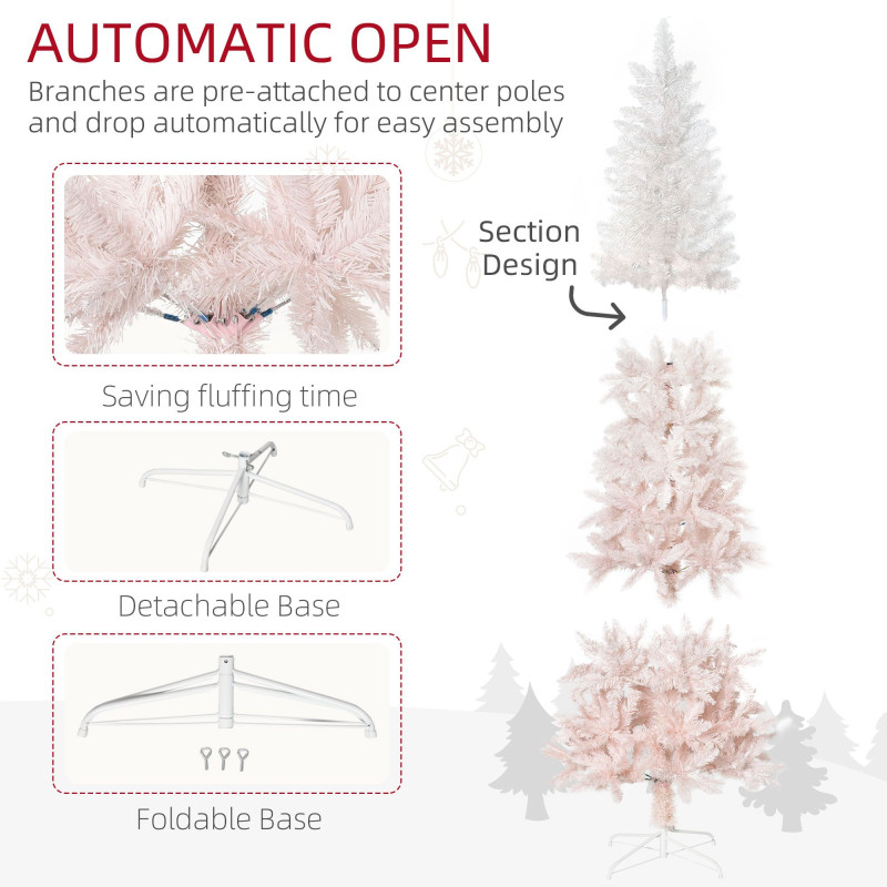 5ft Pencil Artificial Christmas Tree with Pine Realistic Branches, Auto Open, Pink and White