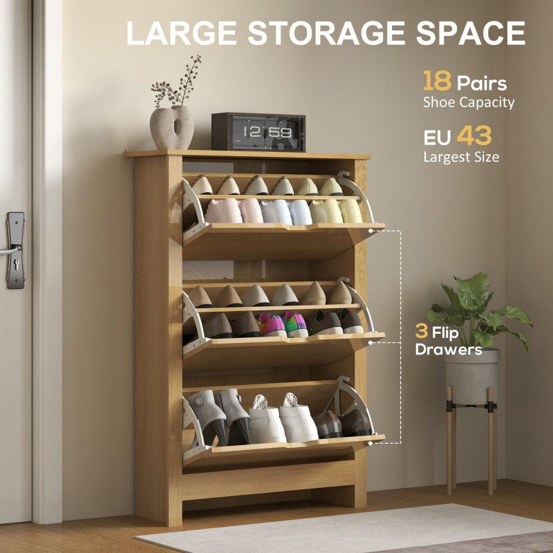 Shoe Storage Cabinet with 3 Flip Drawers and Adjustable Shelves for 18 Pairs of Shoes, Natural Wood