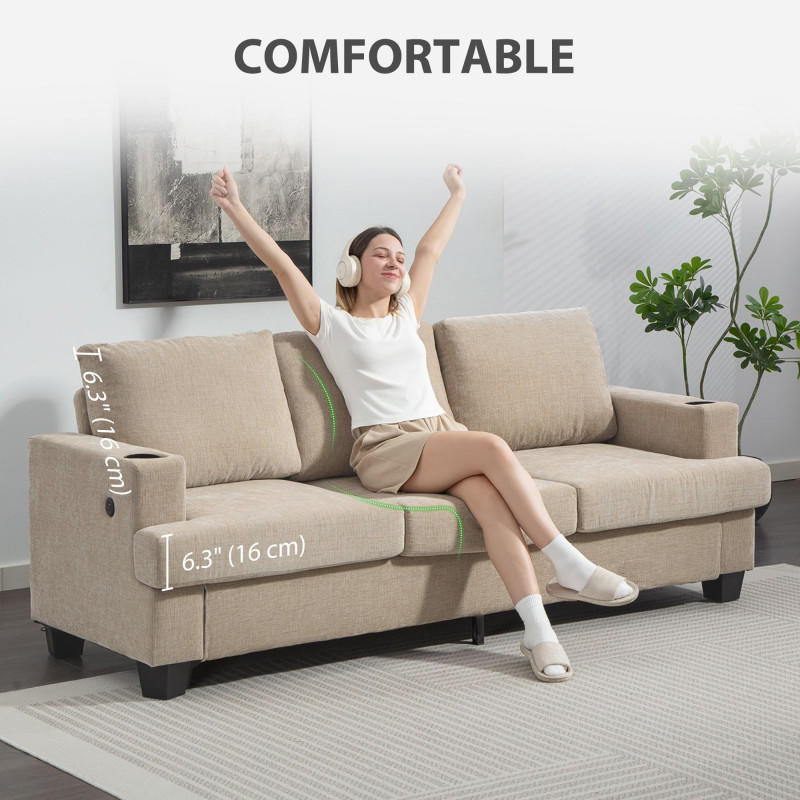 3 Seater Sofa with USB Ports & Cup Holders, Chenille-Feel Upholstered Couch for Living Room, Light Brown