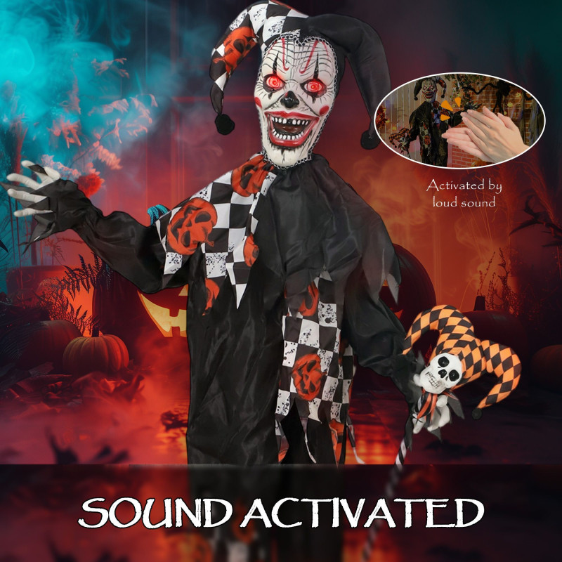Life Size Halloween Animated Clown with Red Light Up Eyes, Sound Activated Scary Halloween Decorations, Battery Operated