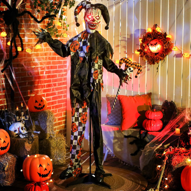 Life Size Halloween Animated Clown with Red Light Up Eyes, Sound Activated Scary Halloween Decorations, Battery Operated