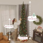 9ft Christmas Tree with Colourful DIY Synchronized LEDs, Hinged Pencil Xmas Tree with Remote, Daily Timer, Green